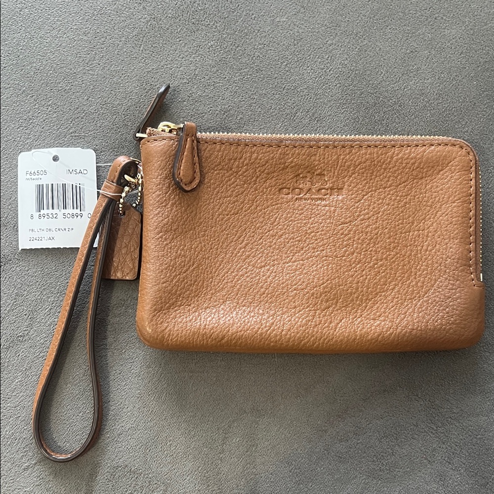 Coach Brown Leather Double Zipper Wristlet NWT